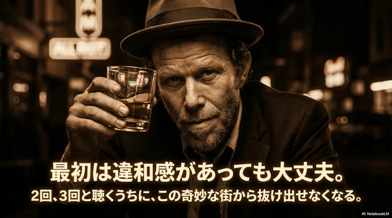 フェドラ帽を被った中年男性がウイスキーグラスを顔の横に掲げ、夜の街のネオンを背景にカメラを見つめるセピア調の写真。「最初は違和感があっても大丈夫」という日本語キャッチコピー付き。