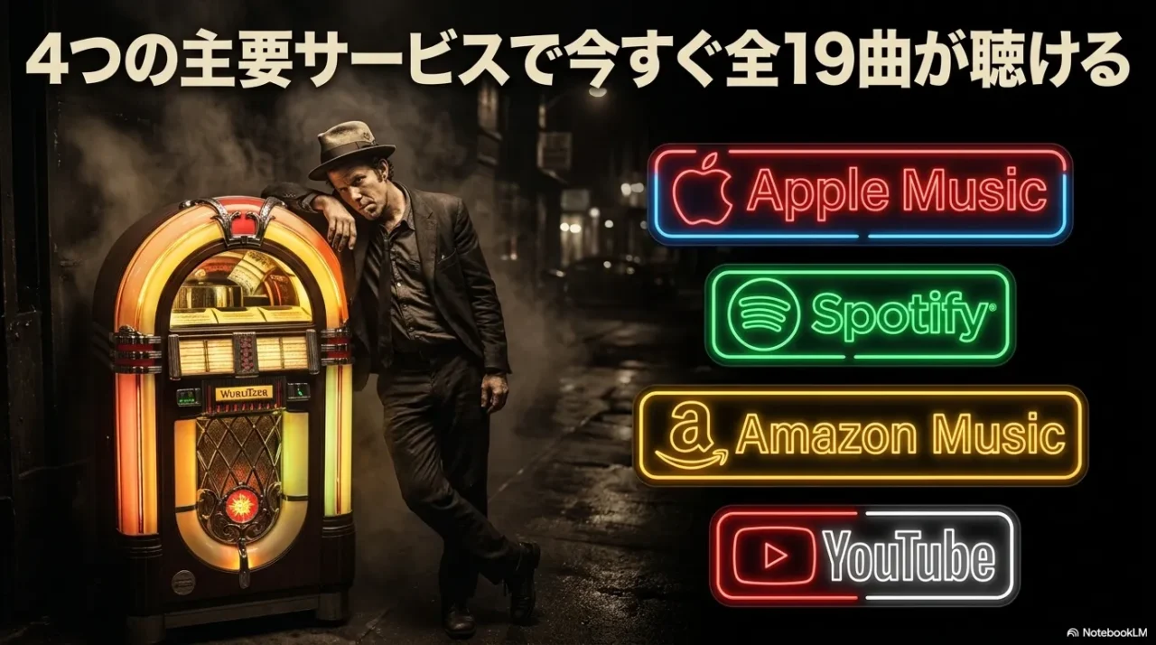 薄暗い街角でジュークボックスに寄りかかる帽子姿の男性。右側にApple Music、Spotify、Amazon Music、YouTubeのネオン風ロゴ。「4つの主要サービスで今すぐ全19曲が聴ける」の見出し付き。