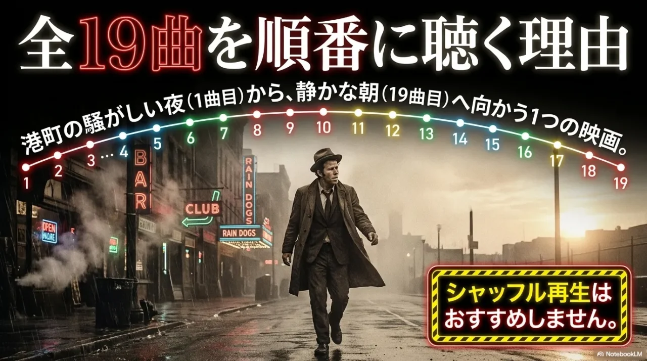 雨に濡れた港町の夜の街並みを、帽子とコートを着た男が歩くイラスト。BARやCLUB、RAIN DOGSのネオン看板が光る。上部に「全19曲を順番に聴く理由」、曲順を示す1から19の曲線グラフ、「シャッフル再生はおすすめしません」の注意書き。