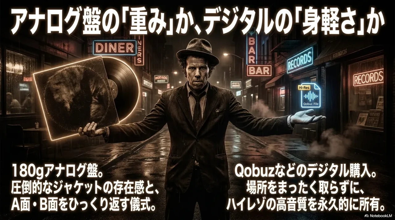 雨に濡れた夜の街角で、男性が左手にアナログレコード盤、右手にデジタル音源ファイルを持って対比するイメージ。背景にDINERやRECORDSのネオン看板。180gアナログ盤とQobuzのハイレゾ音源を比較する内容。