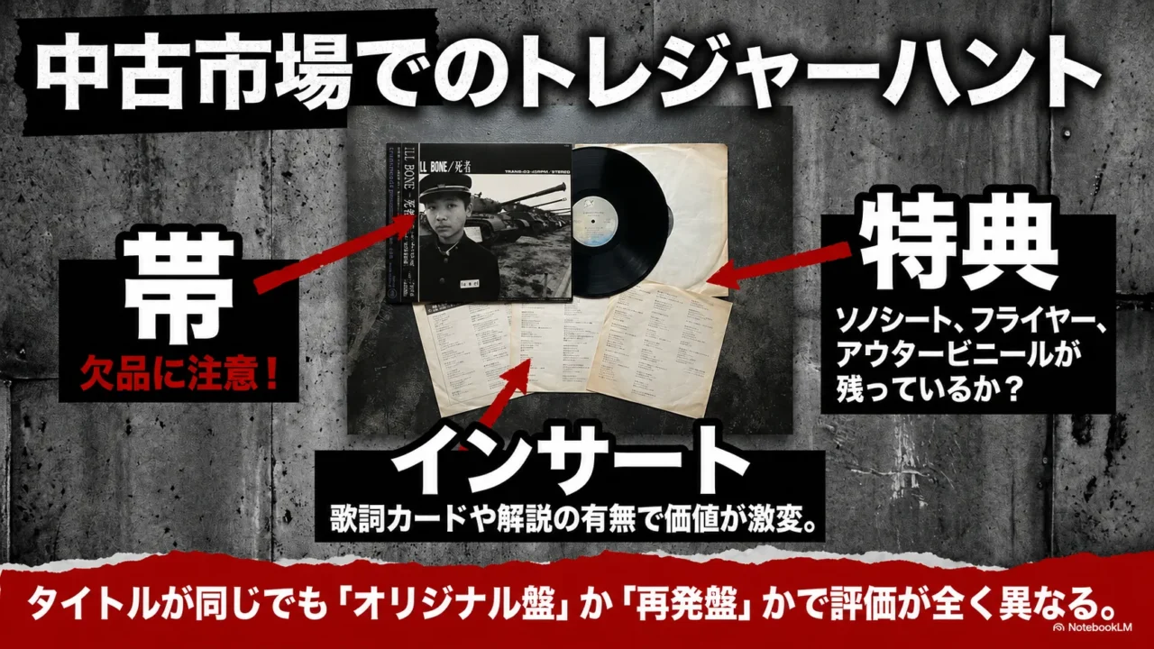 中古市場でトランスレコード作品を探す際に帯、インサート、特典を確認する重要性を示した画像