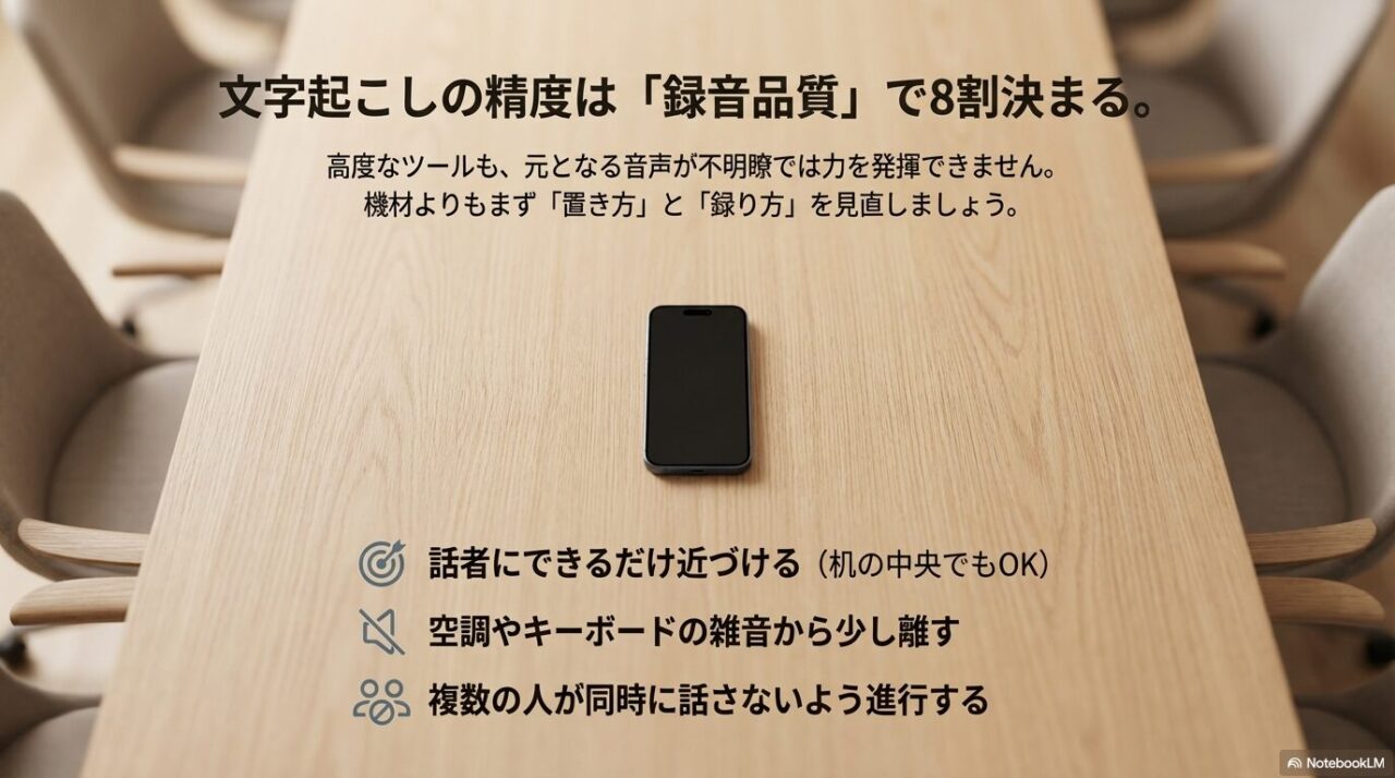 スマホを話者に近づける、雑音を避ける、同時発話を減らすなど、録音品質を上げるポイントをまとめたスライド。
