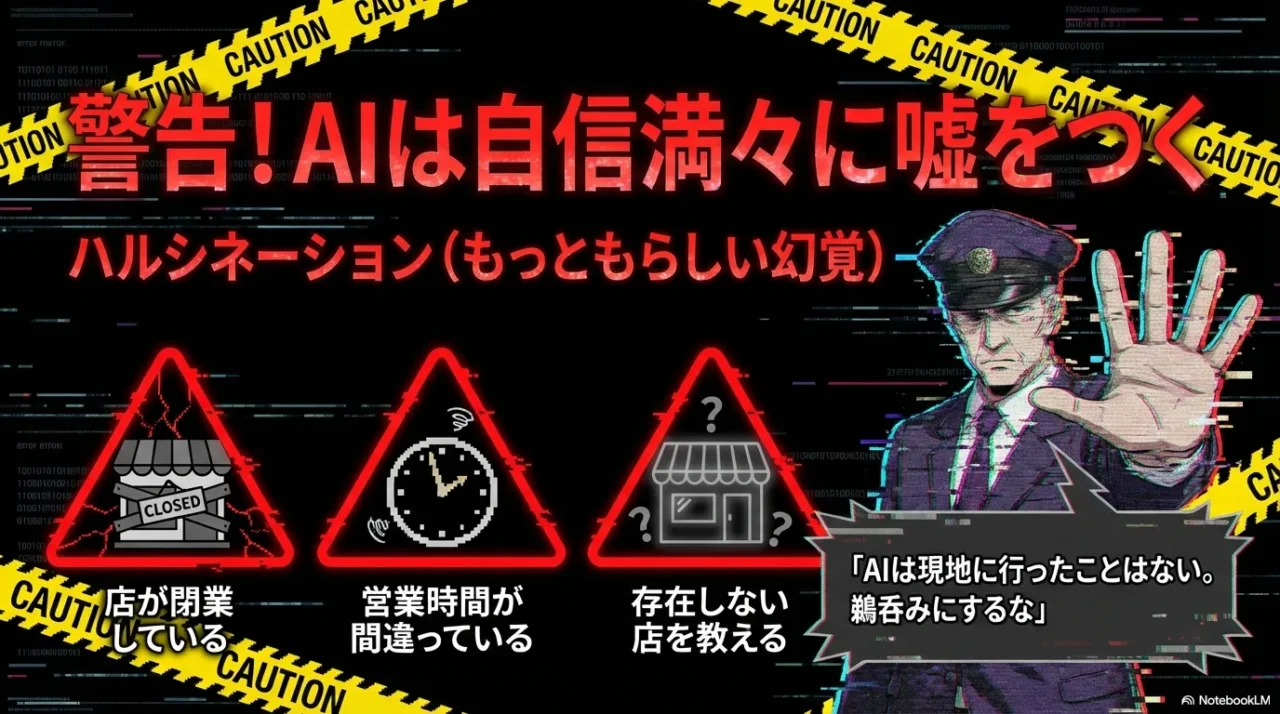閉業・営業時間違い・存在しない店など、旅行計画AIの誤情報リスクを警告する画像