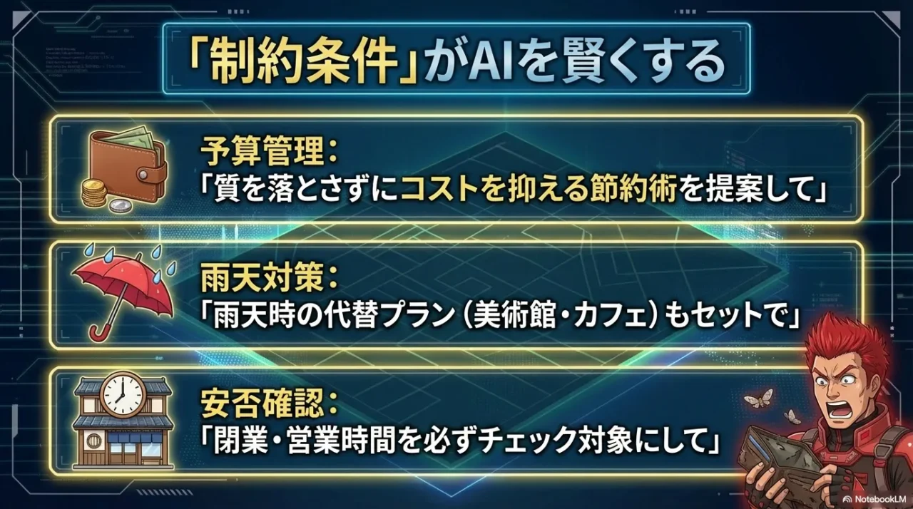 予算管理・雨天対策・安否確認など、制約条件を入れる重要性をまとめた画像