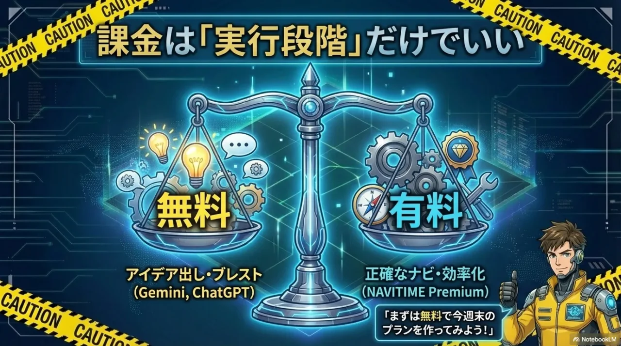 無料（アイデア出し）と有料（正確なナビ・効率化）を天秤で示し、課金のタイミングを説明する画像