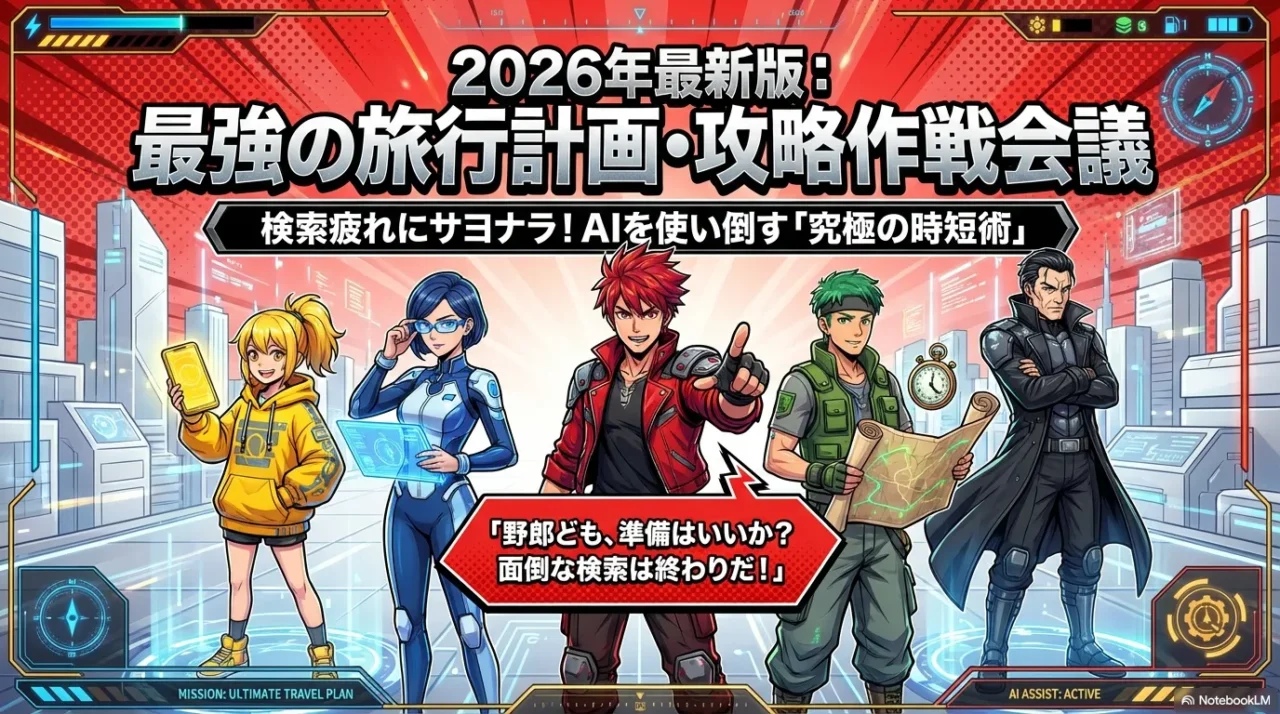 2026年最新版の旅行計画AI活用をテーマにした作戦会議風の表紙スライド