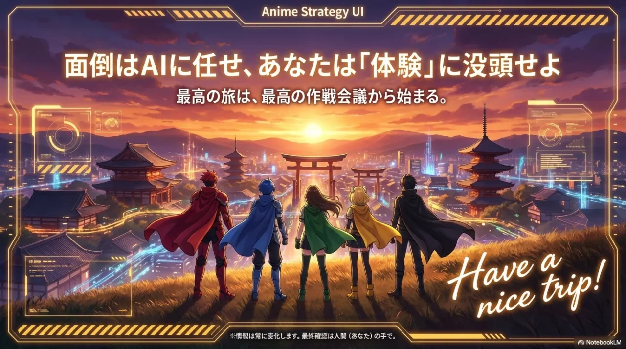 夕景の街並みを前に旅立つキャラクター達と「体験に没頭せよ」というメッセージの締め画像