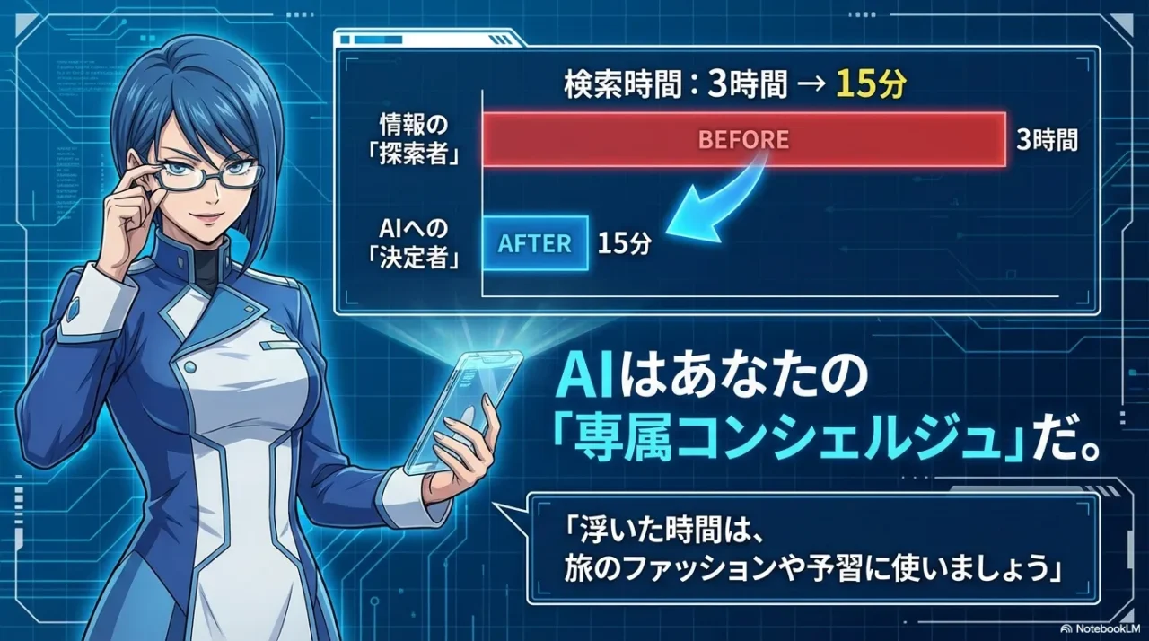 旅行計画の検索時間が3時間から15分に短縮されるビフォーアフターとAIコンシェルジュの図