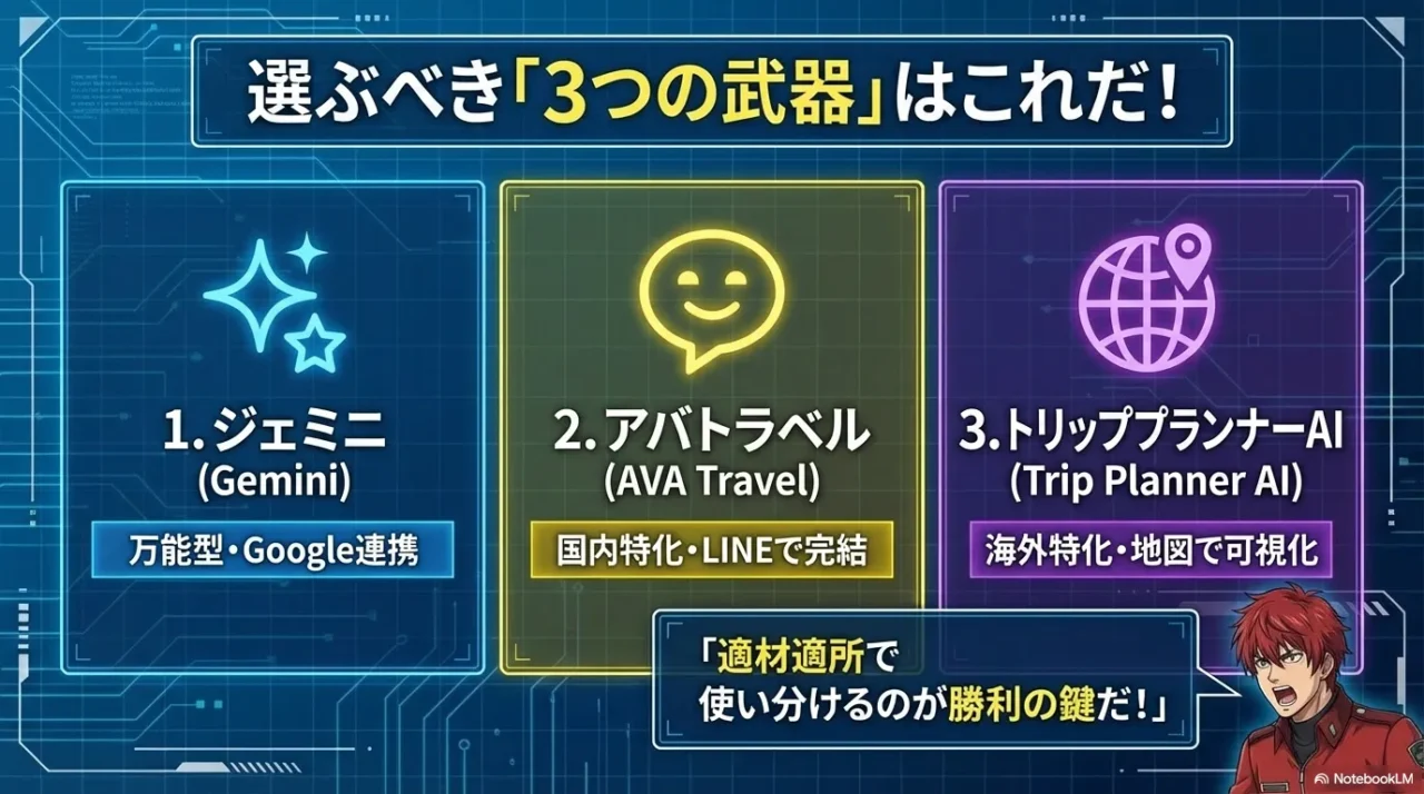 Gemini、AVA Travel、Trip Planner AIの3つを“選ぶべき武器”として示すまとめ画像