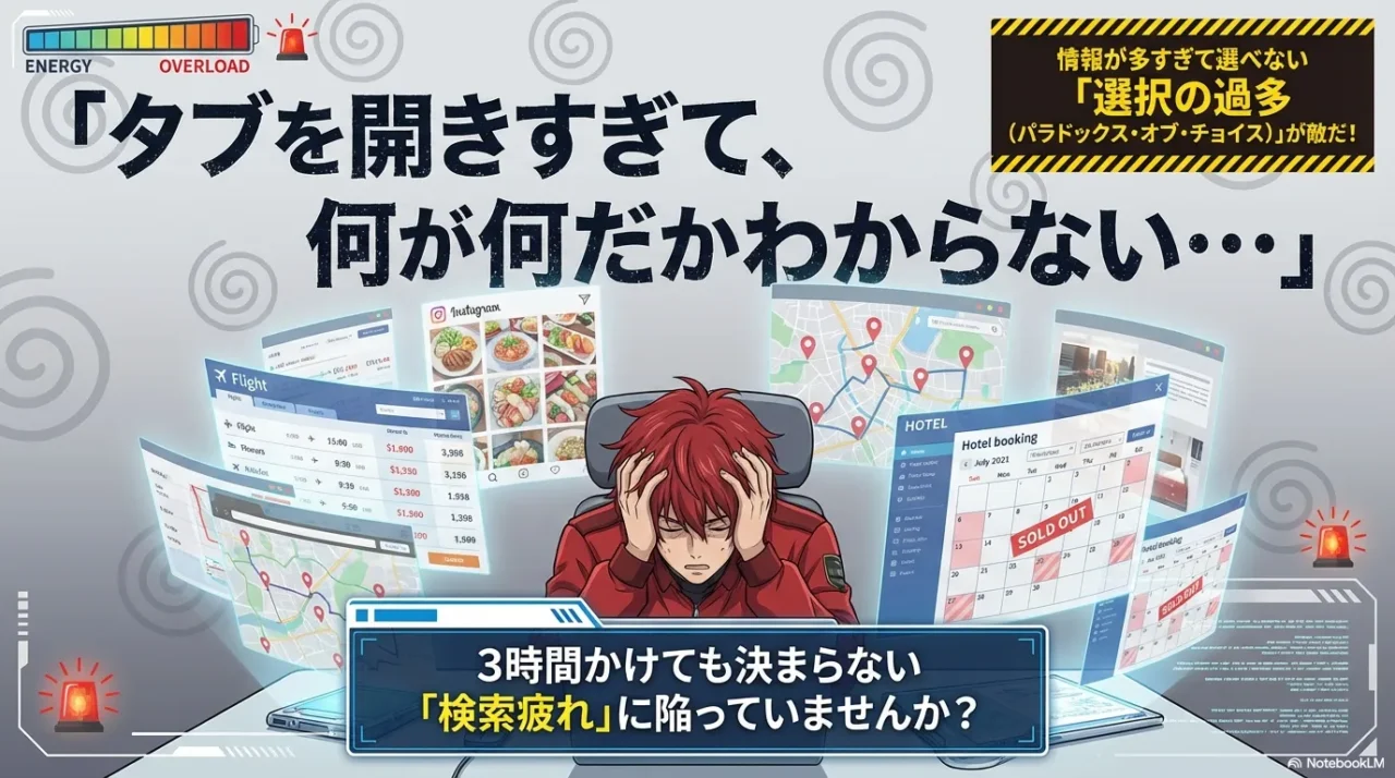 旅行計画で情報が多すぎて混乱する“検索疲れ”を表現した画像