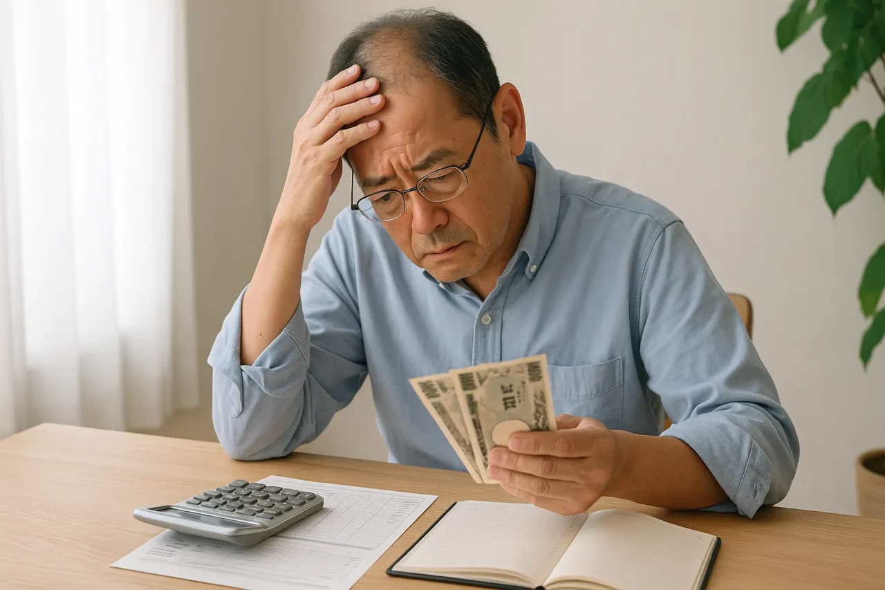 中年男性が医療費の支払いについて悩んでいる様子。手には日本円の札を持ち、電卓と書類が机の上にある。
