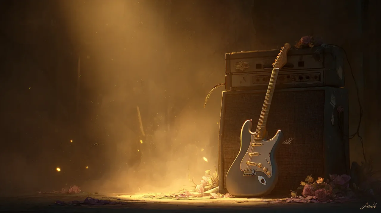 スポットライトに照らされた薄暗いステージで、古いアンプにもたれかかったエレキギターが静かに置かれている。周囲には花びらが落ち、敬意と追悼を象徴する幻想的な雰囲気のイラスト。