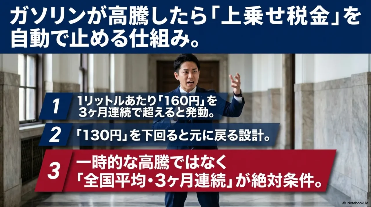 トリガー条項の160円発動条件と130円解除条件を示す画像