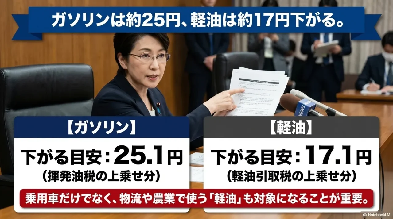 ガソリン25.1円と軽油17.1円の上乗せ分を比較した画像