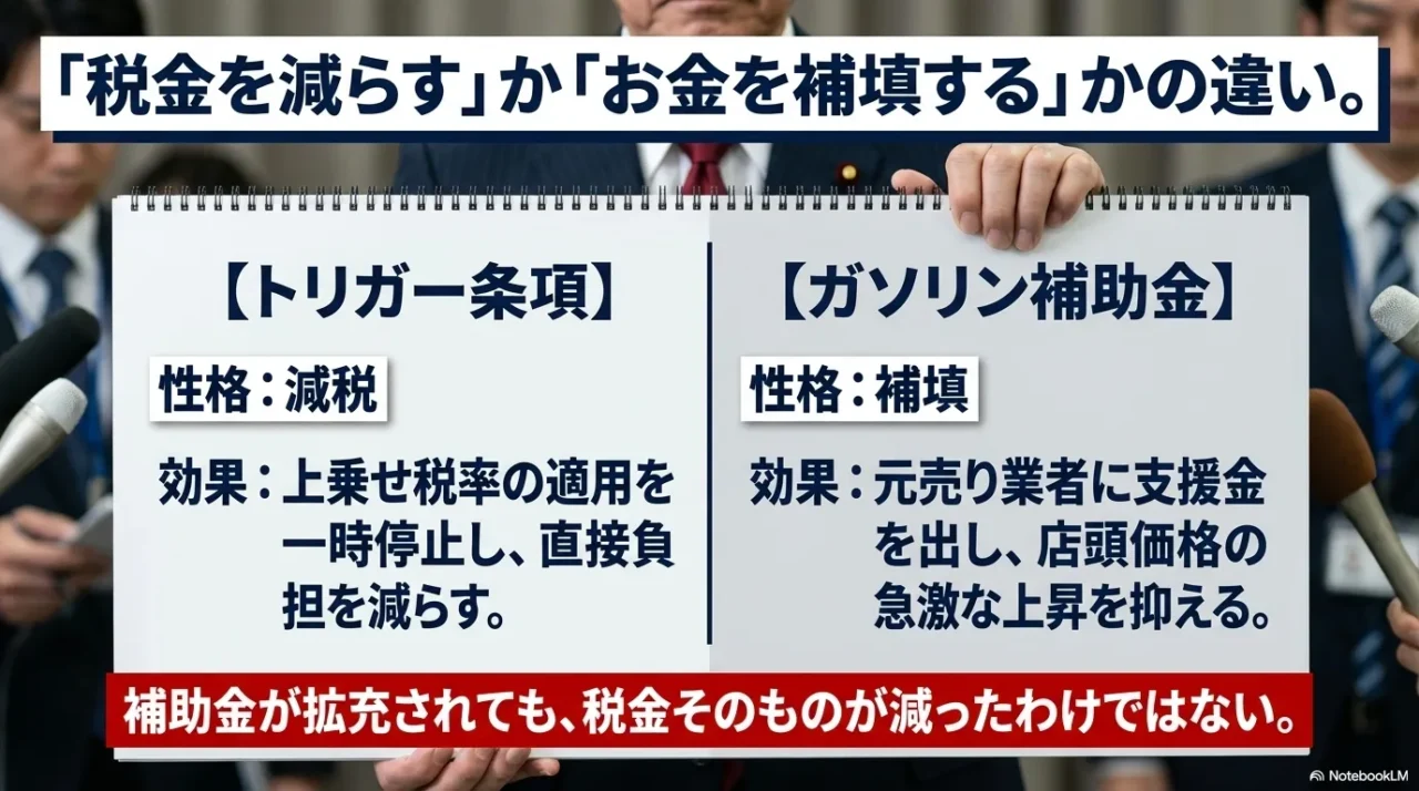 トリガー条項とガソリン補助金の違いを比較した画像
