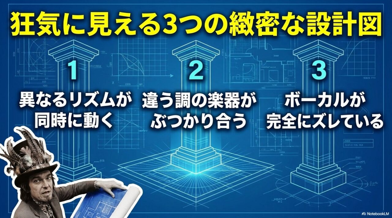 青い設計図風の画面に三本の柱を並べ、異なるリズム、多調性、ずれたボーカルを「狂気に見える三つの設計図」として整理した図。