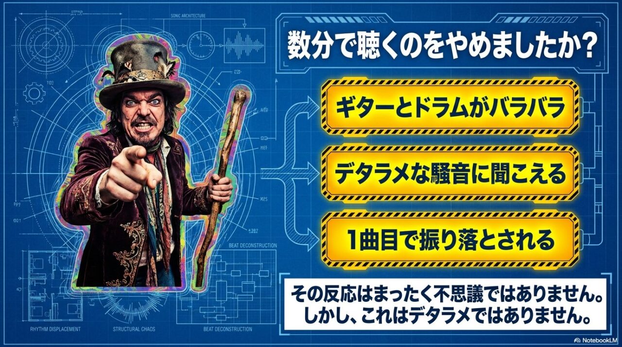 青い設計図風背景に杖を持つ人物と、「数分で聴くのをやめましたか?」やギターとドラムがバラバラに聞こえる戸惑いを示した画像。