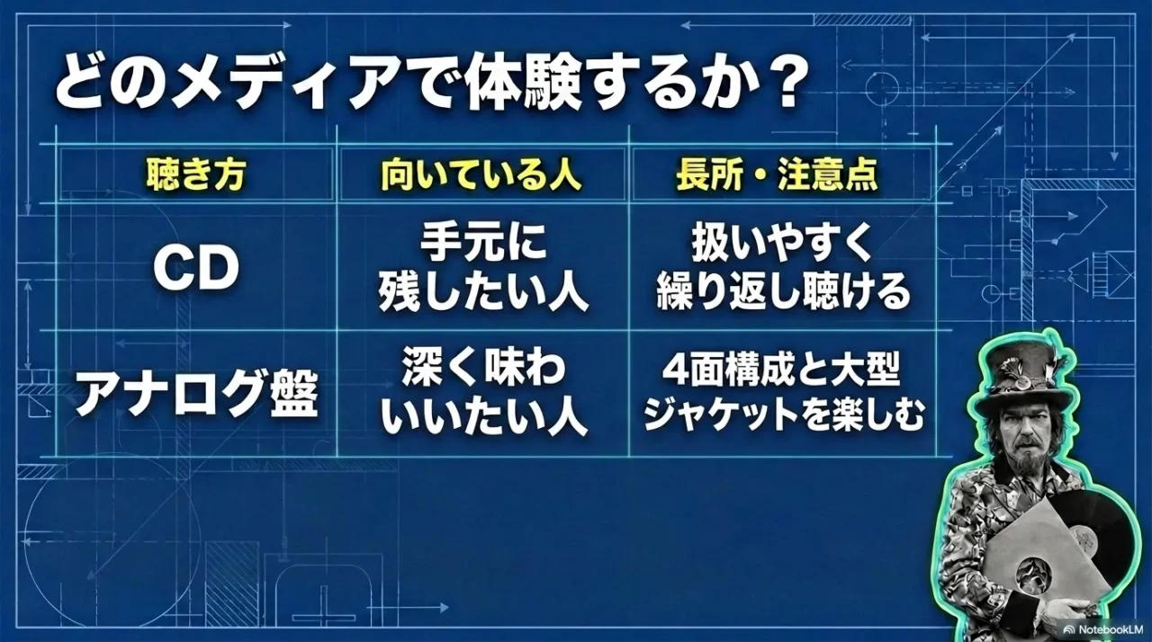 CD、アナログ盤を、初めての人、手元に残したい人、深く味わいたい人という目的別に比較した二段の表。