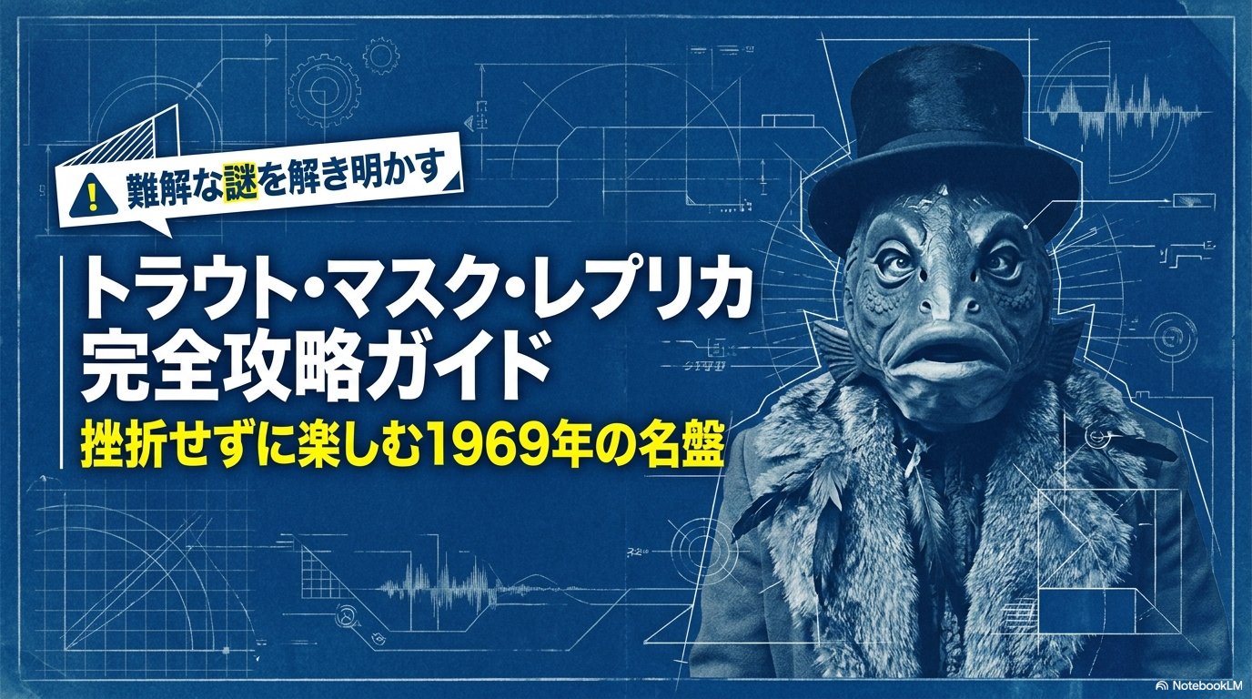 青い設計図風の背景に魚の仮面と帽子を着けた人物を配置し、「トラウト・マスク・レプリカ完全攻略ガイド」と示した導入画像。