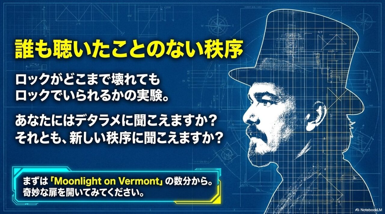青い設計図風背景に帽子の人物の横顔を重ね、「誰も聴いたことのない秩序」と題して、デタラメか新しい秩序かを問いかけるまとめ画像。