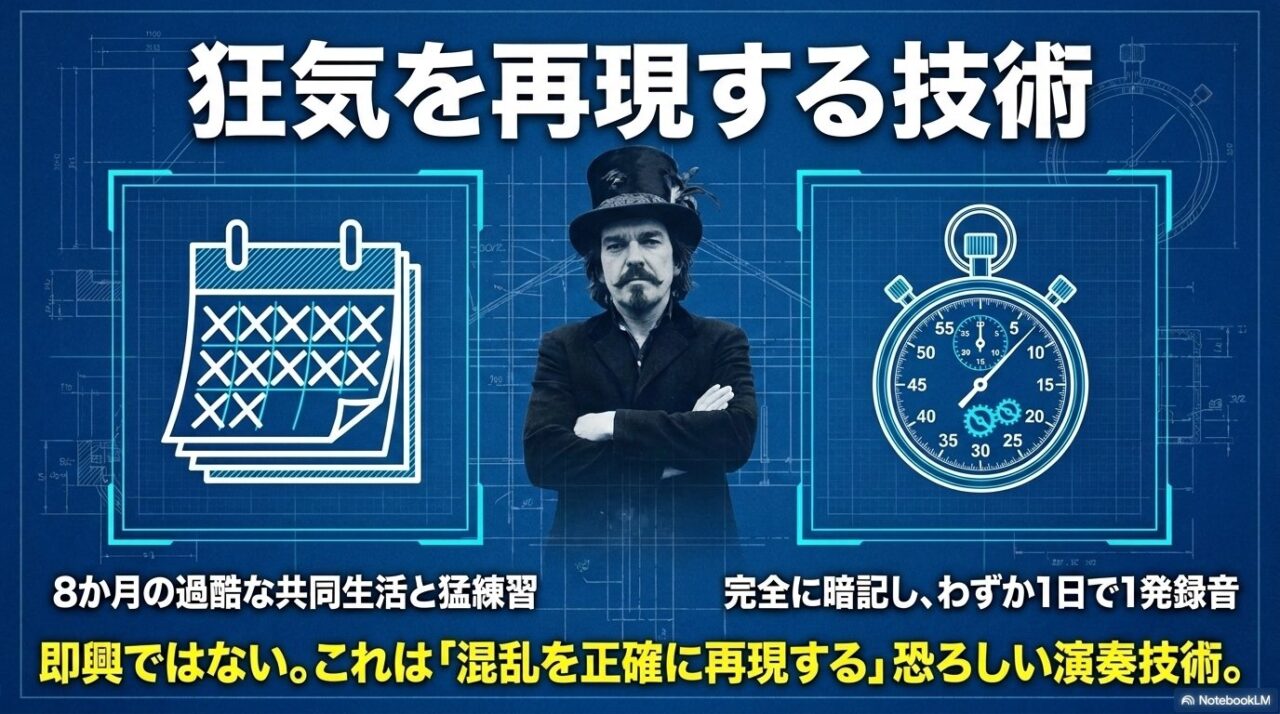 中央の人物を挟んで、八か月の共同生活と猛練習を示すカレンダー、短時間の一発録音を示すストップウォッチを並べた制作工程図。