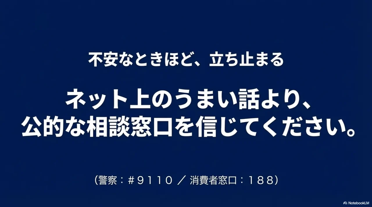 詐欺の疑いがある場合は公的窓口へ相談するべきというメッセージ