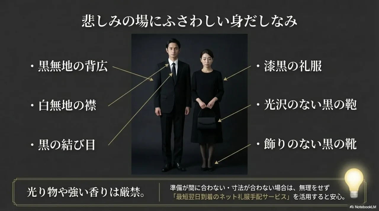 男性と女性の弔事の基本服装と、光り物や強い香りを避けるポイントを示した画像