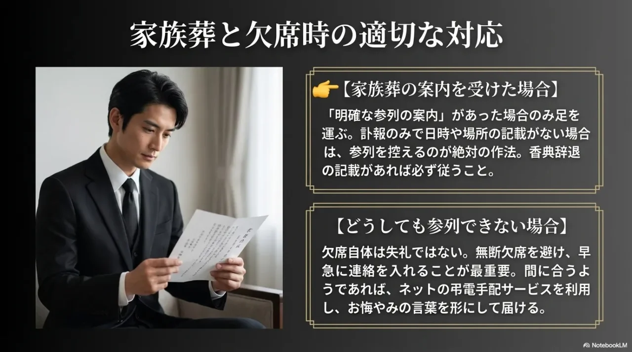 家族葬への参列判断と、どうしても参列できないときの連絡や弔意の伝え方を示した画像
