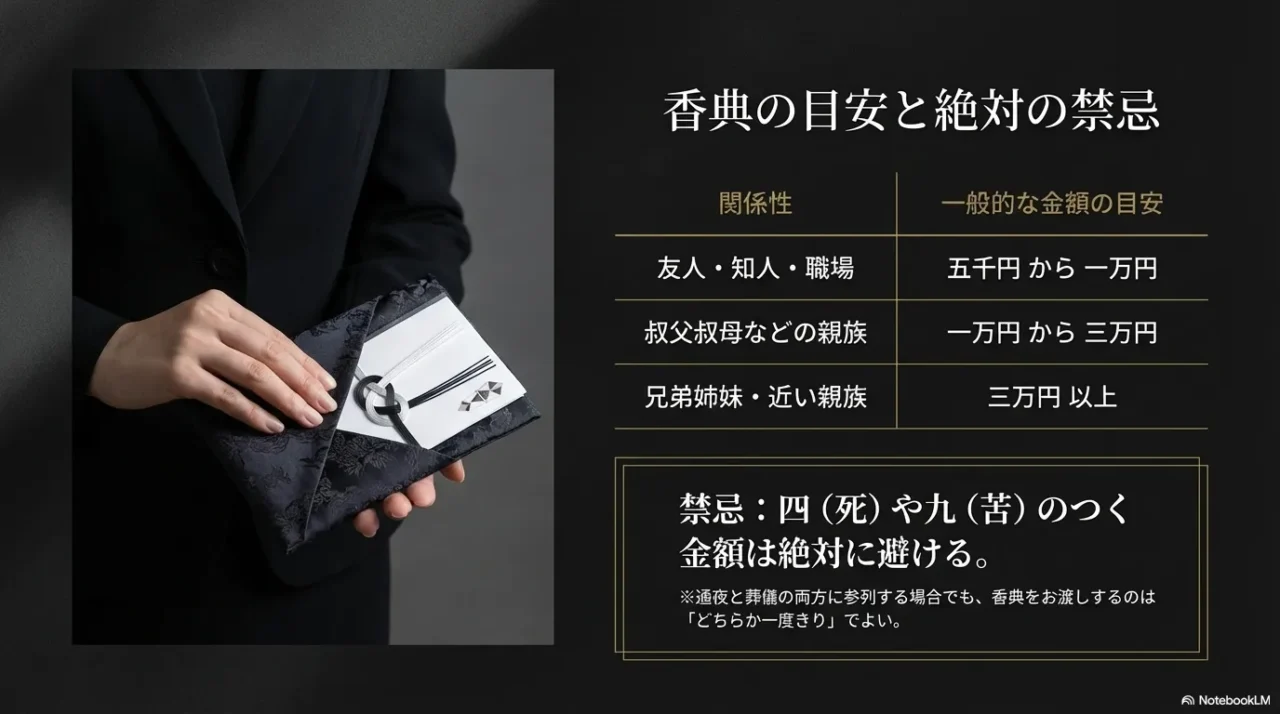 香典の一般的な金額目安と、4や9のつく金額を避ける注意点をまとめた画像