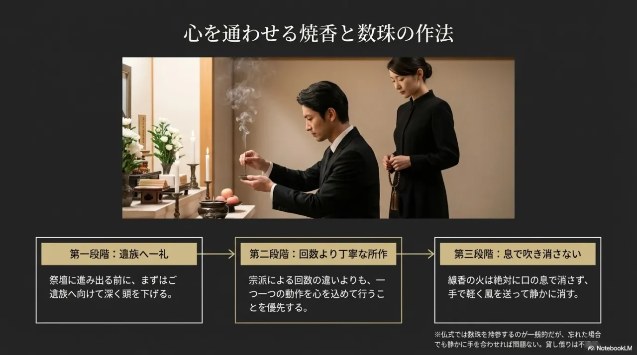 焼香の流れと、数珠は仏式で持参するのが一般的であることを示した画像