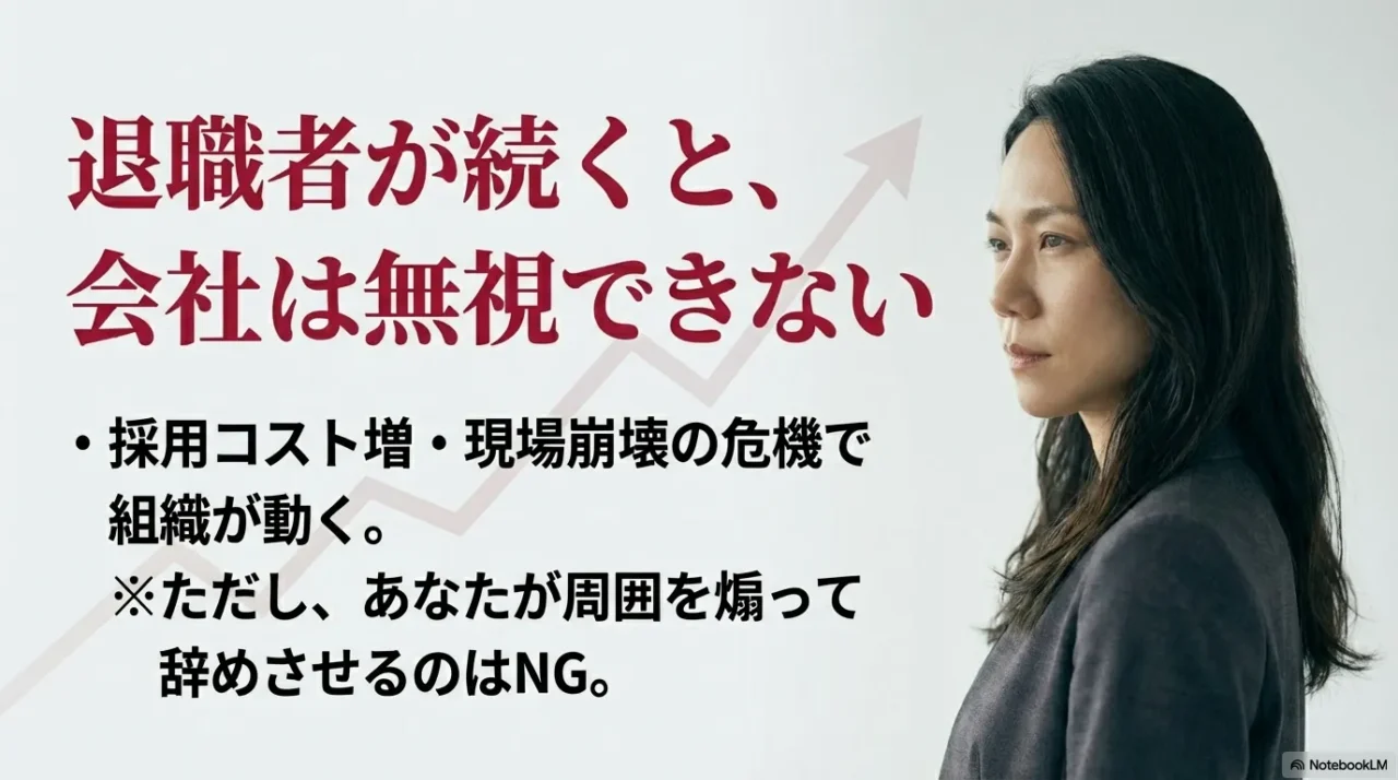 退職者が続くと会社が無視できなくなる状況を示すイメージ