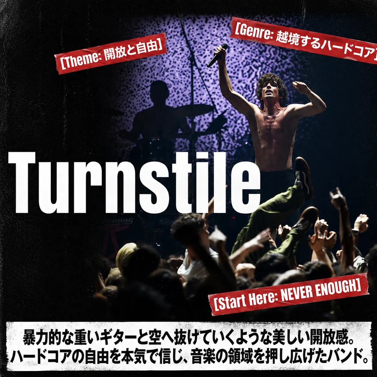ライブ会場で上半身裸のボーカリストがマイクを掲げて観客の上でクラウドサーフするTurnstileの音楽紹介画像。ジャンルは越境するハードコア、テーマは開放と自由、入門曲はNEVER ENOUGH。