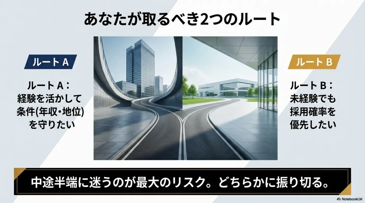 二股に分かれた道の画像。経験を活かすルートAと、未経験でも採用率を優先するルートBの選択を促すスライド。