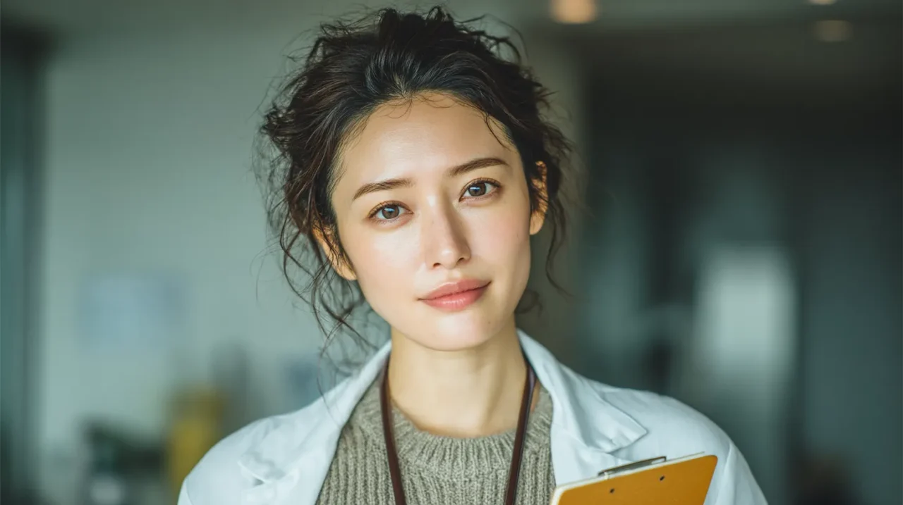 白衣を着た医療スタッフのような30代の美しい日本人女性が、メモを挟んだクリップボードを持って穏やかに見つめている。受診や相談を連想させるイメージ