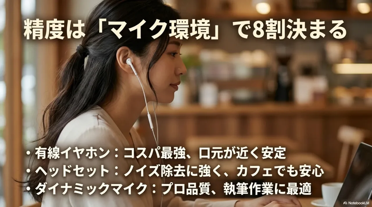 有線イヤホンやヘッドセットで精度を安定させることを示す画像