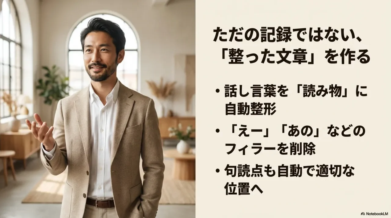 話し言葉を読み物に整えるTypeless AIの特徴を示す画像