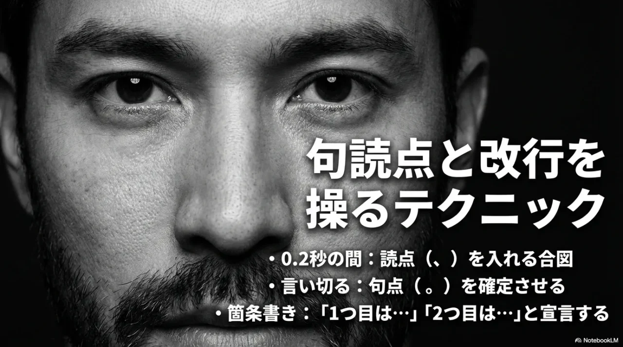 0.2秒の間や言い切りで句読点と改行を安定させる画像