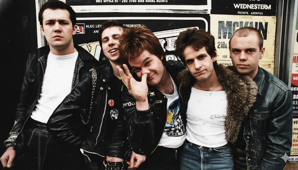 路上で肩を寄せ合い並ぶ5人の若い男性たち。レザージャケットやデニムを着たパンク風のスタイルで、背景にはライブ告知やイベントのポスターが貼られている。中央の人物が手を顔の前に掲げ、仲間とともに軽くポーズを取っている。