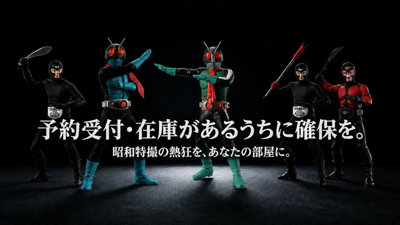 アルティメットルミナスプレミアム仮面ライダーの旧1号と旧2号とショッカー戦闘員を並べた予約案内画像