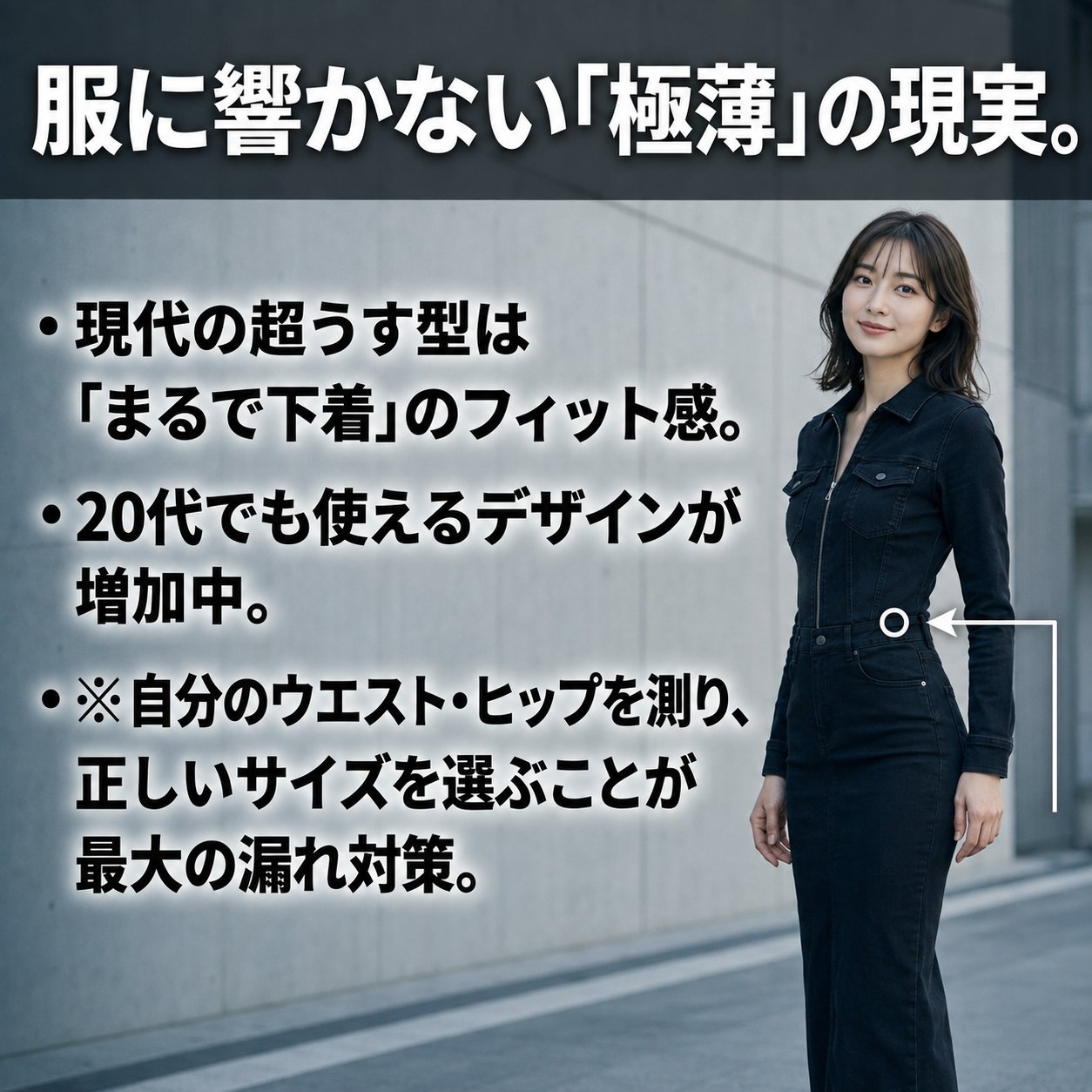 黒いロングワンピース姿で立つ女性の写真に、超うす型の紙パンツは下着に近いフィット感で衣類に響きにくいこと、正しいサイズ選びが最大の漏れ対策であることが箇条書きで示されている