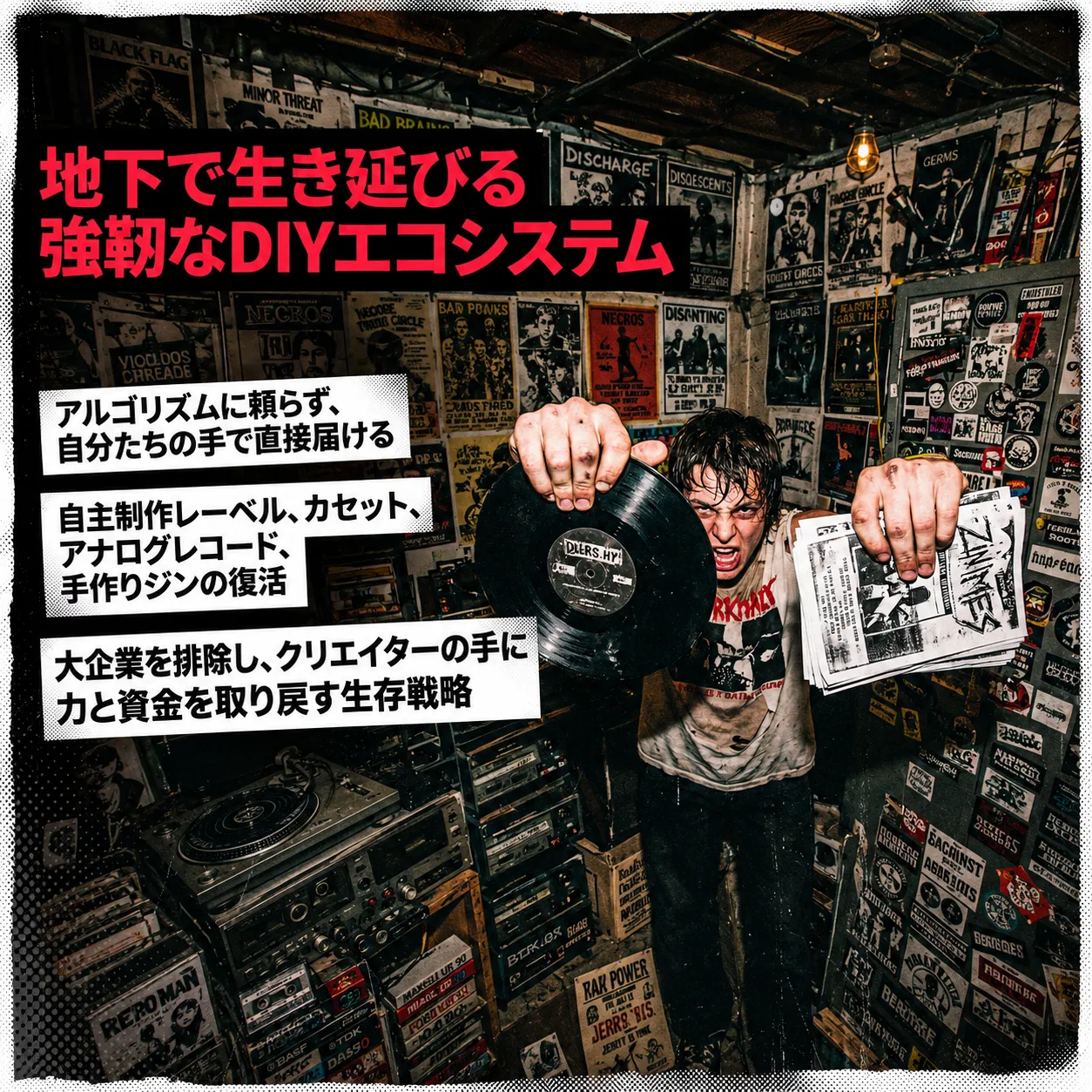 パンクのポスターやステッカーで埋め尽くされた地下室で、若者がレコードと手作りジンを両手に掲げ叫ぶ。「地下で生き延びる強靭なDIYエコシステム」の見出しと、自主制作レーベルやクリエイター主導の生存戦略を説明するテキスト付き。