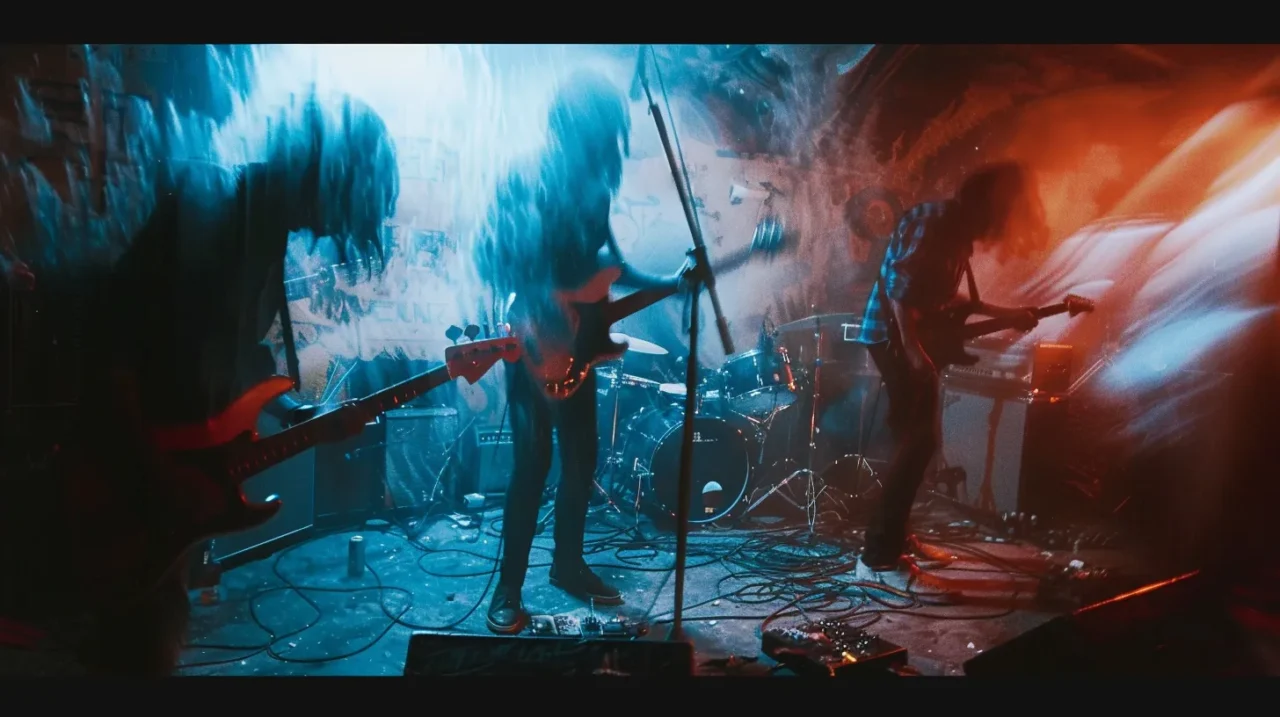 青と赤の照明に包まれたライブハウスで、動きの激しさからシルエットがぶれるバンド演奏の様子を捉えた写真