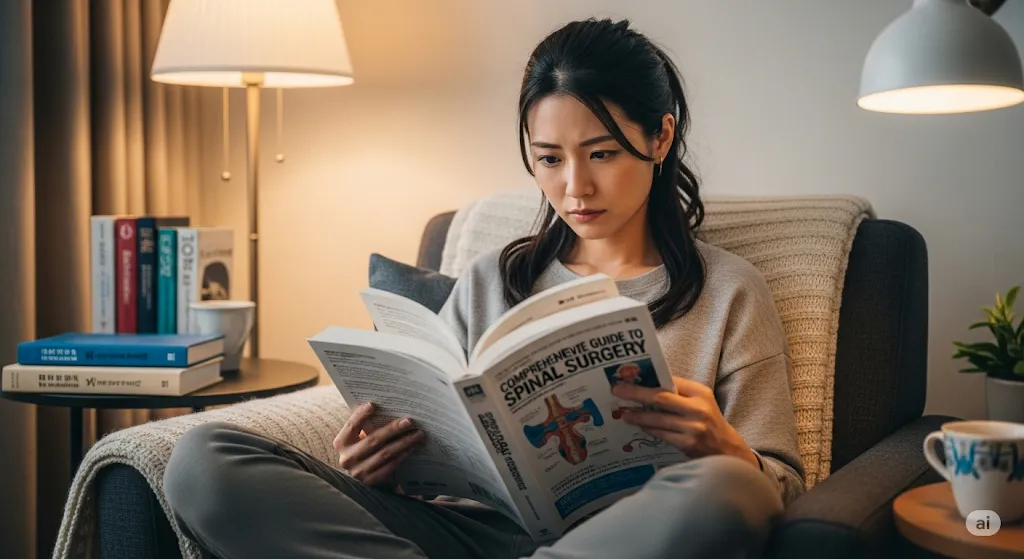 快適な椅子に座り、医療処置に関する包括的なガイドや本を読んで完全に理解しようと集中している女性。