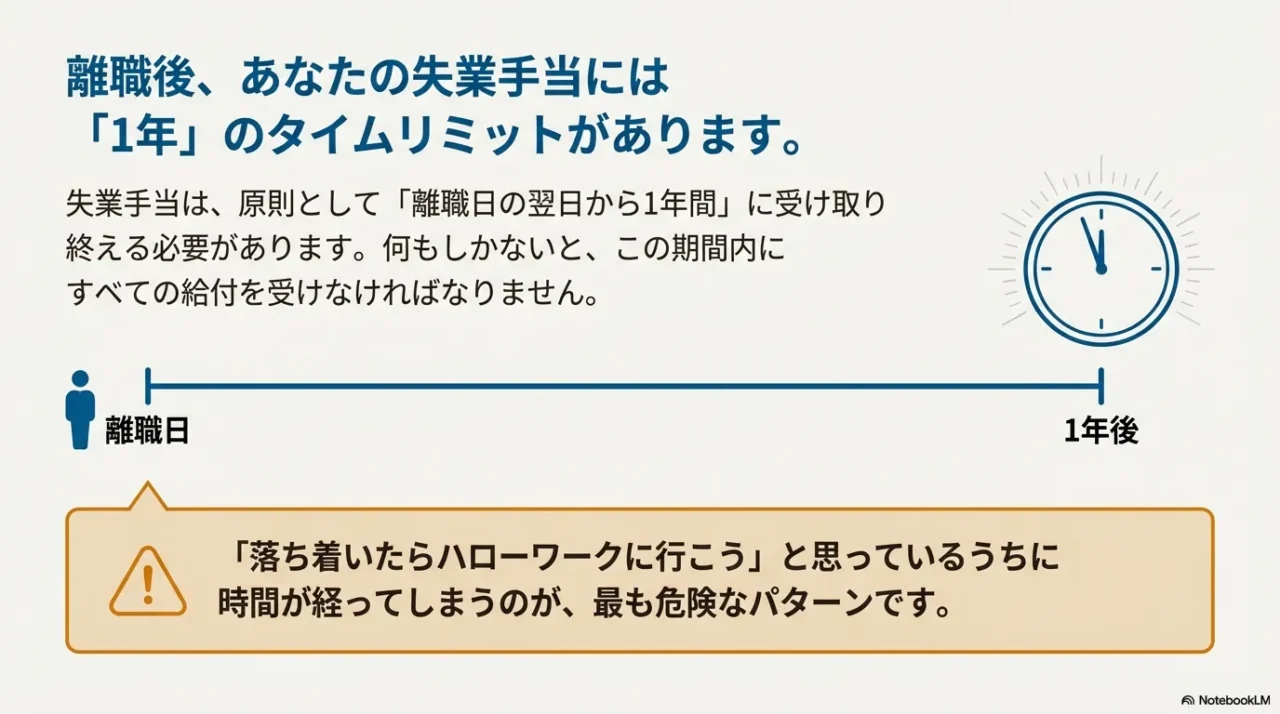 離職日から1年後までが受給期間のタイムリミットであることを示す図