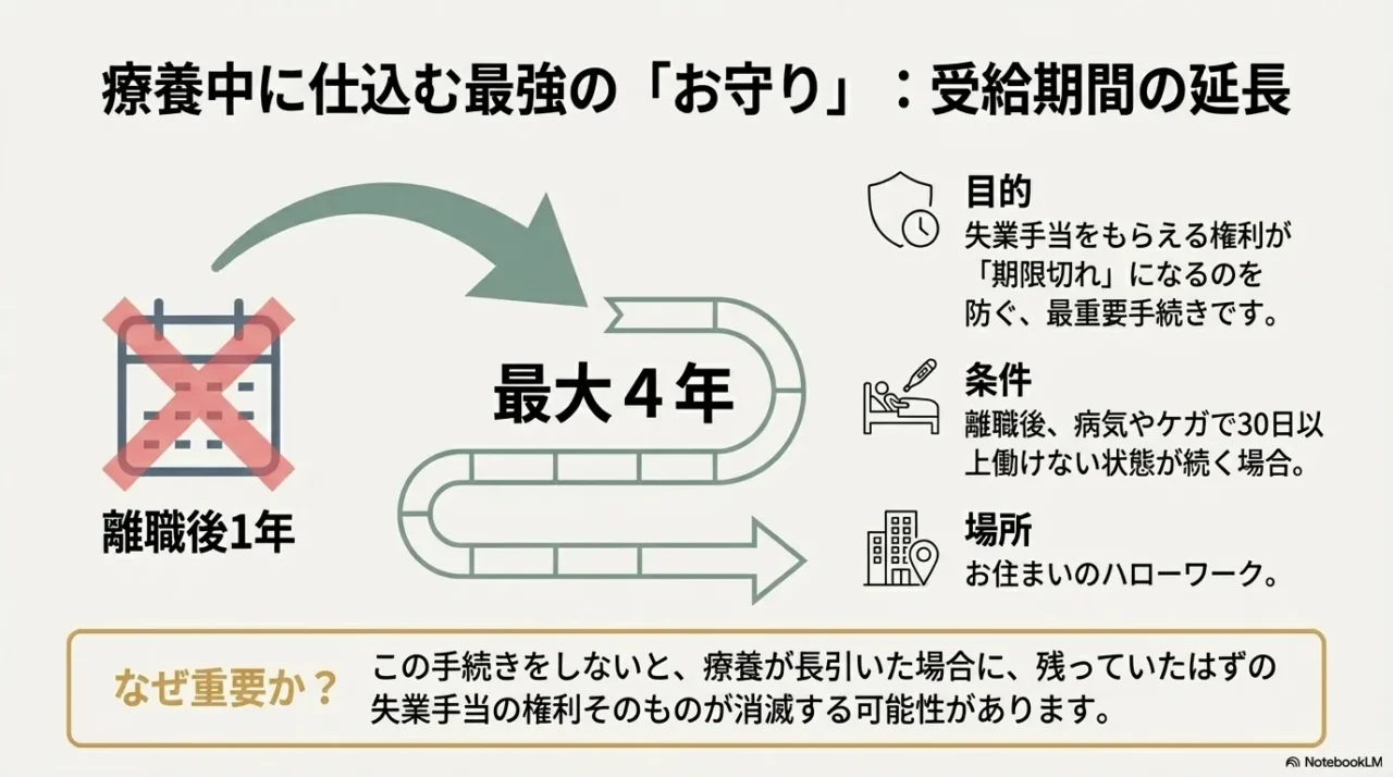 失業手当の受給期間延長手続きの概要:病気で30日以上働けない場合にハローワークで申請し、受給権の有効期限を最大4年間保存する「お守り」の手続き