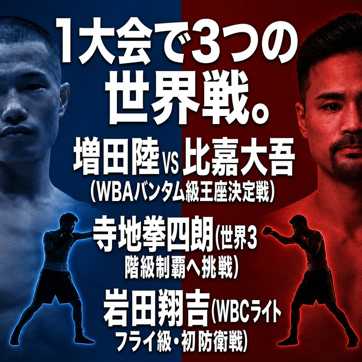 ボクシング世界戦の告知画像。1大会で3つの世界戦を開催。増田陸vs比嘉大吾(WBAバンタム級王座決定戦)、寺地拳四朗(世界3階級制覇へ挑戦)、岩田翔吉(WBCライトフライ級・初防衛戦)。