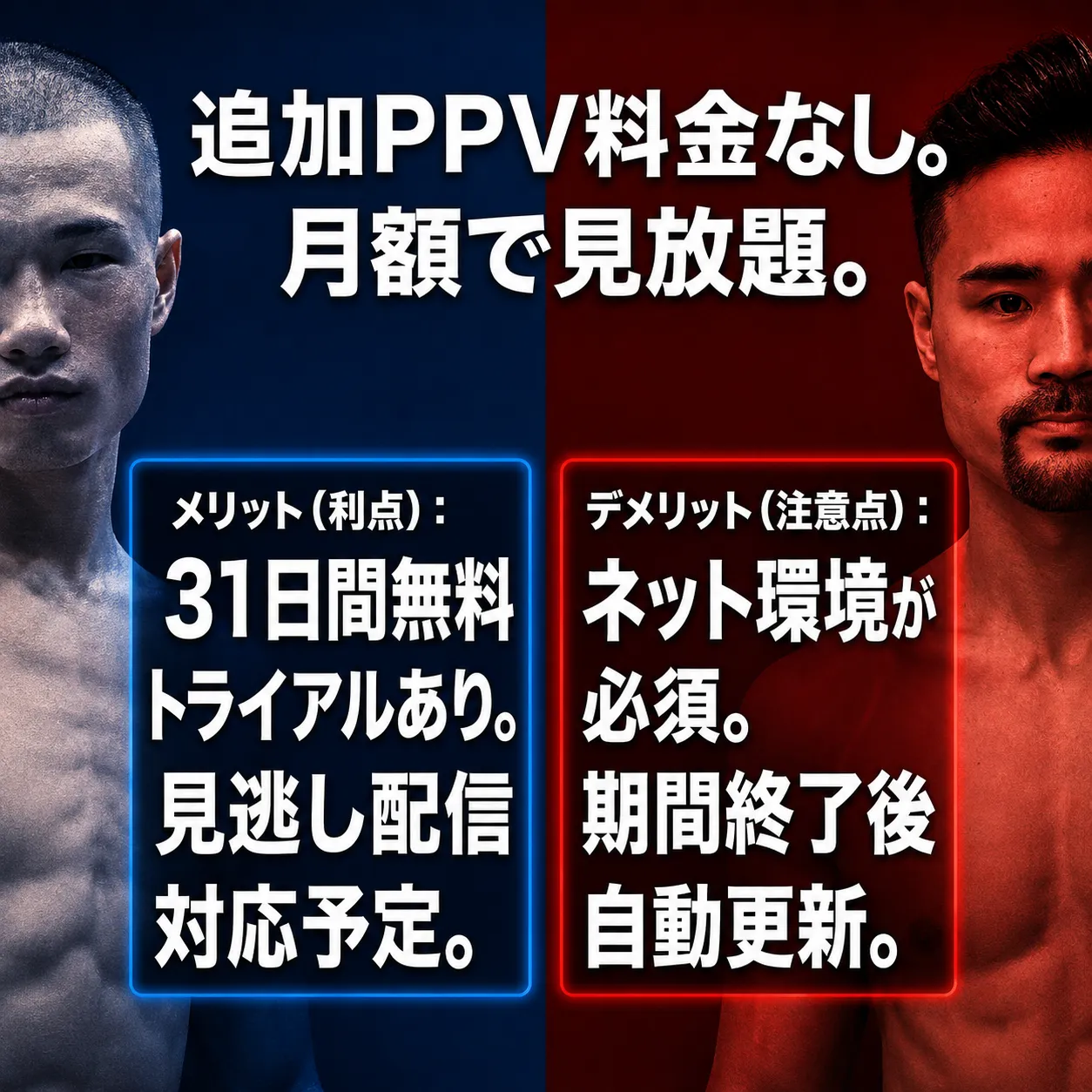 追加PPV料金なし月額見放題の動画配信サービス比較。メリットは31日間無料トライアルあり、見逃し配信対応予定。デメリットはネット環境が必須、期間終了後自動更新。