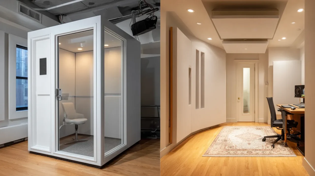 左側に部屋の中へ設置された白いユニット型防音室、右側に吸音パネルや天井処理を施したオーダーメイドの防音リフォーム室が並んで映る比較画像。