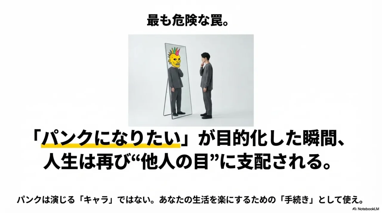 鏡に映る自分を見る男性と、鏡の中の顔が派手なパンク風になっているイラスト