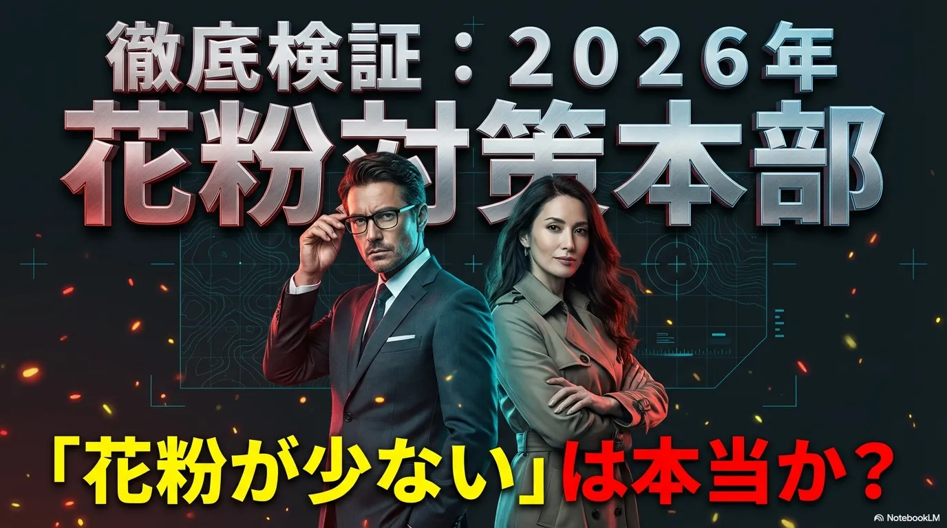 花粉予測の根拠を示す図解。前年の猛暑と春の飛散量が要因となり、東北地方では数倍の飛散予測が出ていることを爆発のイメージで表現